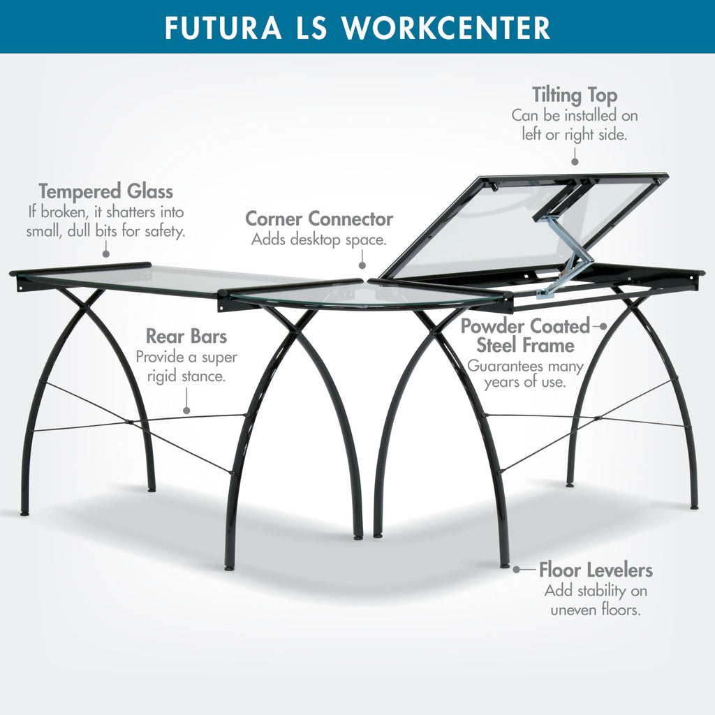 SD STUDIO DESIGNS Futura LS WorkCenter with Tilt Top Adjustable Drafting Table Craft Table Drawing Desk Hobby Table Writing Desk Studio Desk, Silver / Blue Glass