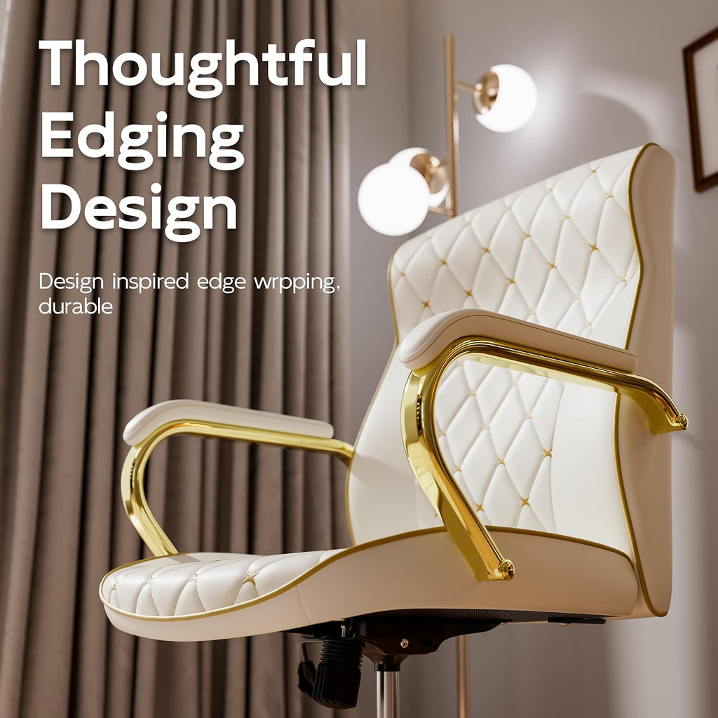 HomeZeer White and Gold Office Chair, Luxury Leather Executive Desk Chair