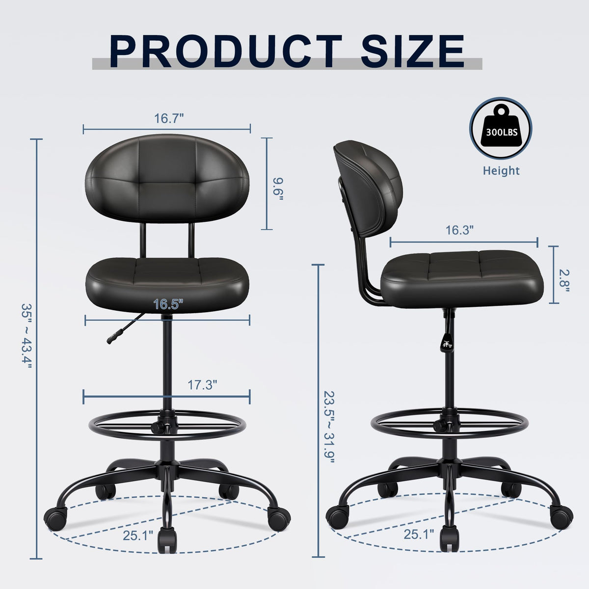 Misolant Drafting Chair, Armless Tall Office Chair with Footrest Ring for Standing Desk, Small Faux Leather Executive Computer Chair with Adjustable Height for Bar Lab Counter Height Desk, Green