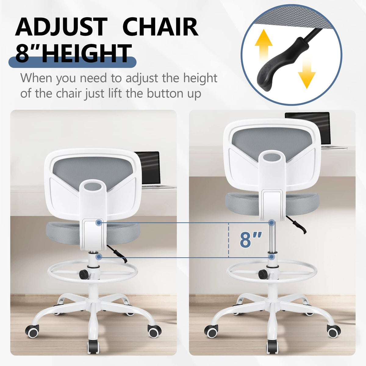 Primy Tall Drafting Desk Chair - Armless, Adjustable Height, Mesh Back, Rolling, Standing Desk Chair for Art Room, Office or Home (Black)