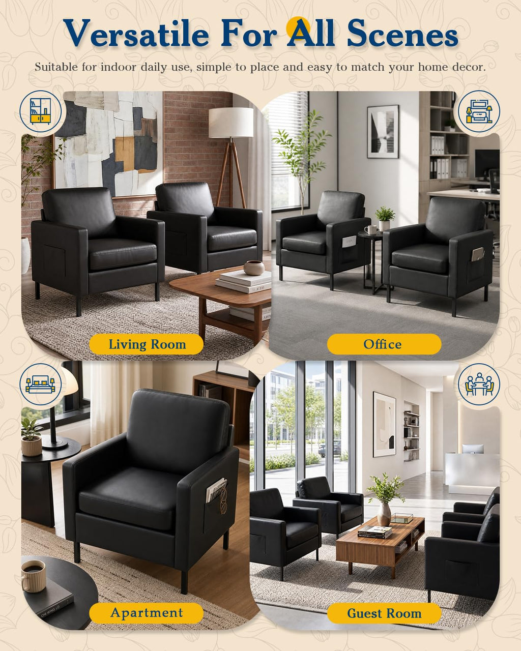 Mid Century Black Leather Mordern Accent Chairs Set of 2 for Living Room