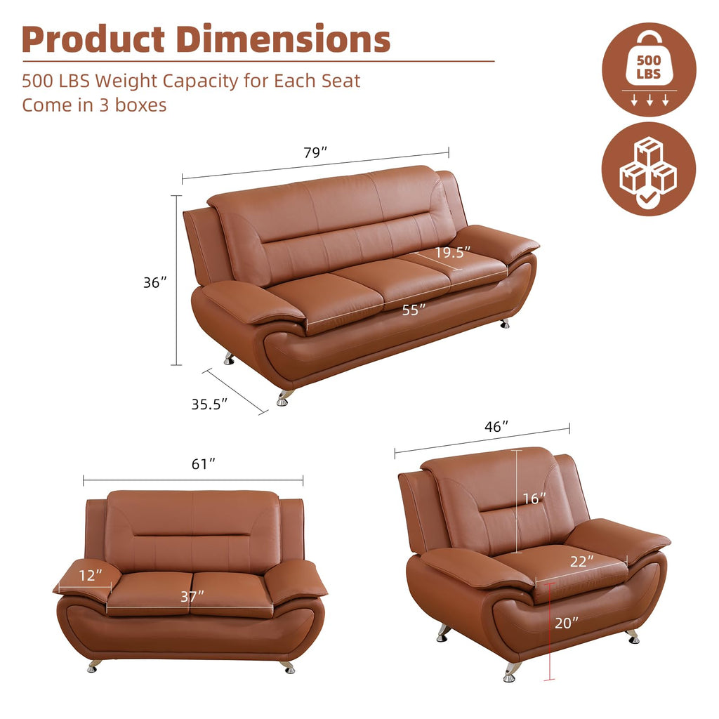 Modern Leather Sofa Set, Living Room Furniture, 3 - Piece Couch Set, Faux Leather Couch Loveseat Chair Set with Sturdy Legs for Living Room/Bedroom/Office,Black