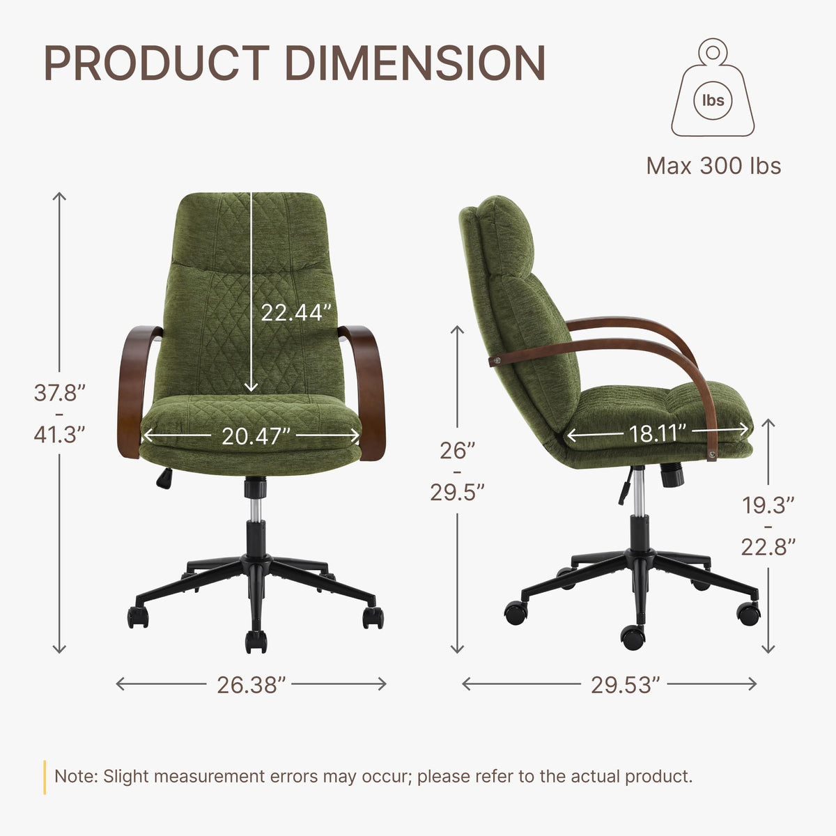 KISLOT Home Office Desk Chair, Ergonomic Office Chair with Lumbar Support, Adjustable Swivel Computer Chair with Wheels, Faux Leather Executive Task Chair with Wood Arms, Set of 2, Brown