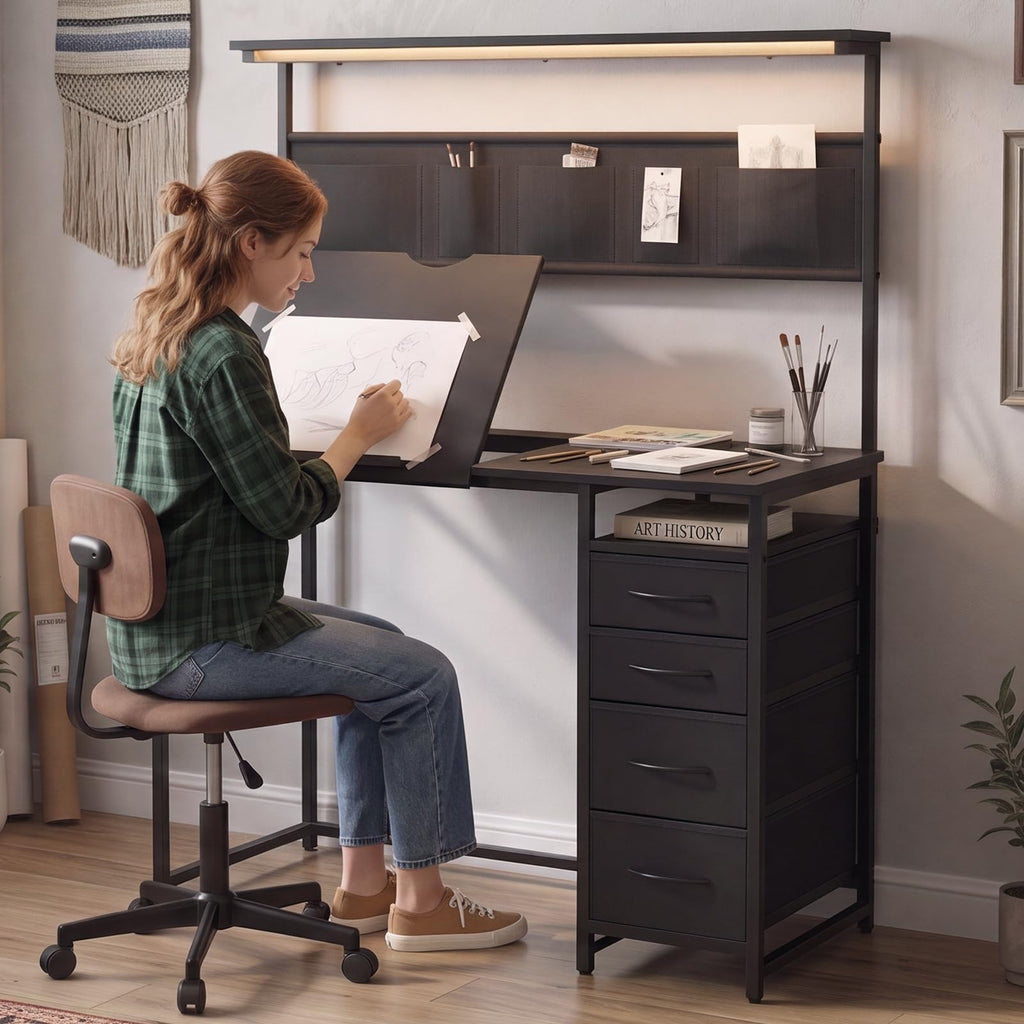 Drafting Table with Storage Drawers & Shelf Adjustable Tilting Art Craft Desk Drawing Painting Sketching Multifunctional Workstation for Home Office
