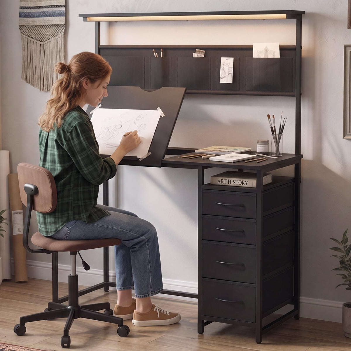 Drafting Table with Storage Drawers & Shelf Adjustable Tilting Art Craft Desk Drawing Painting Sketching Multifunctional Workstation for Home Office
