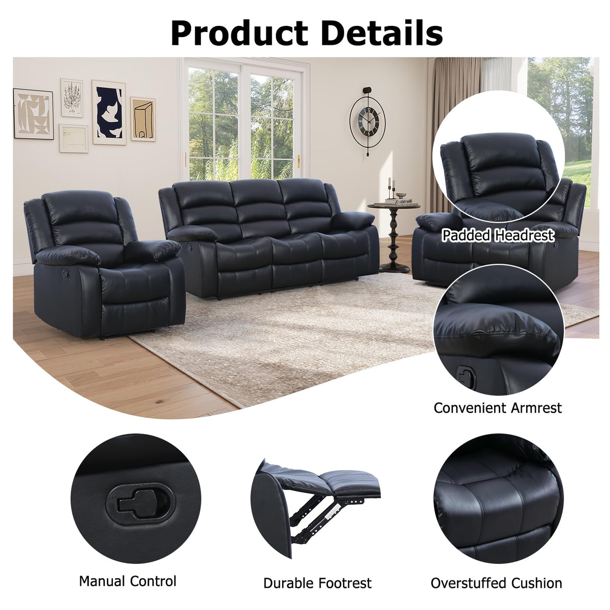 EBELLO Manual Faux Leather Reclining Couch Set for Living Room, Include 1 Recliner Chair, 1 Loveseat Sofa, Recliner Sofa Furniture Set for Home and Office, Black