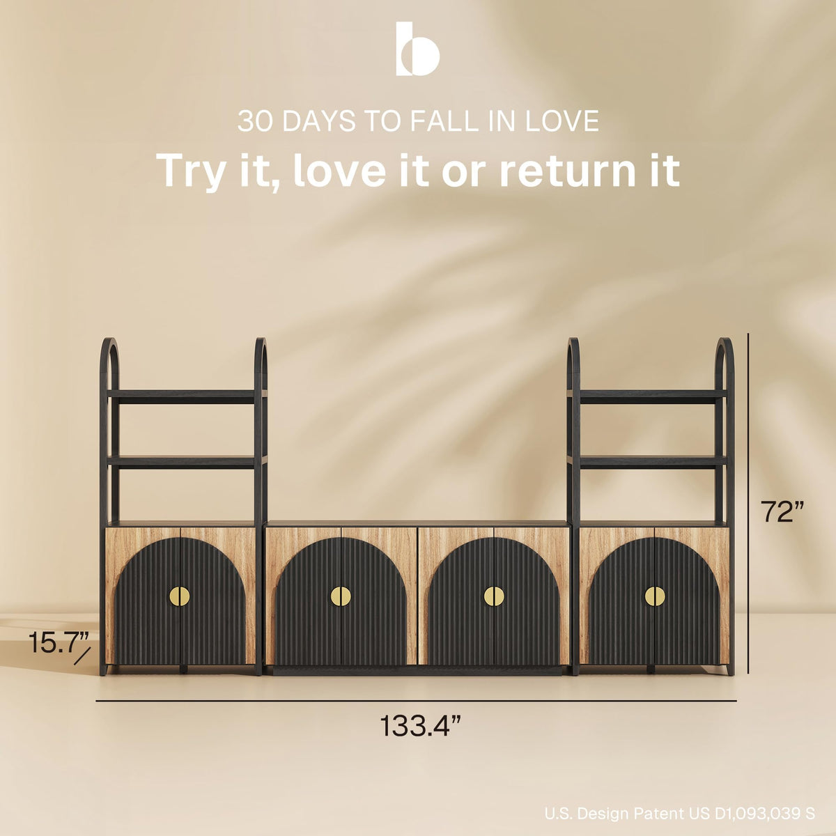 BELLEZE Book Shelf 72" Tall Arched Bookcase with Storage, 5 Tier Mid Century Modern Fluted Bookshelf with Doors, Modular Bookshelves for Living Room Office Library, Set of 2 (Caramel Brown)
