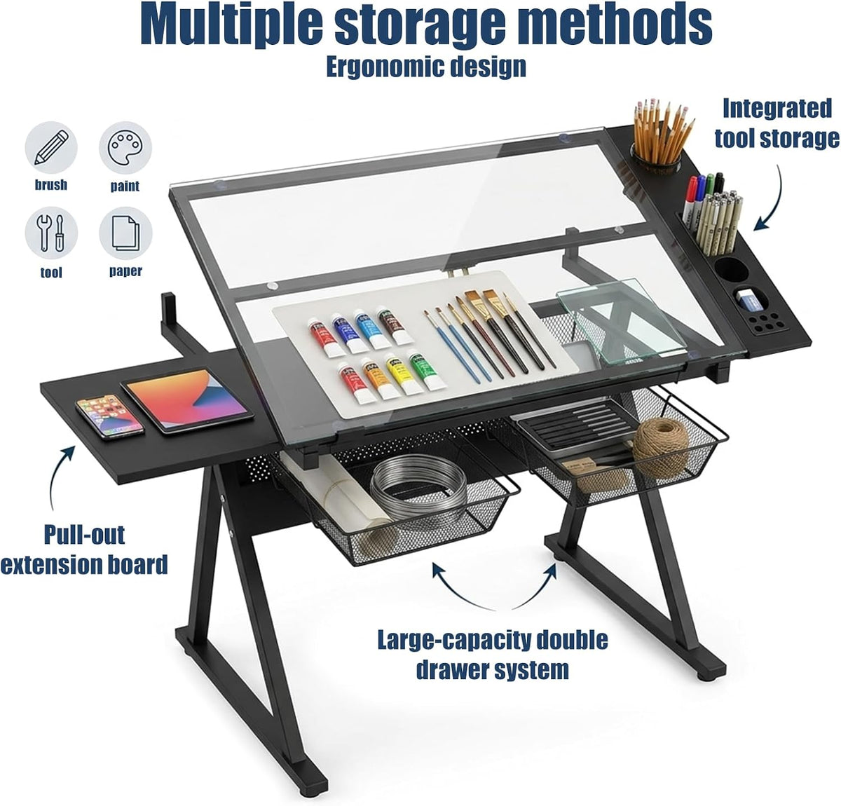 Adjustable Drafting Table, Tiltable Art Drawing Desk with 2 Storage Drawers & Stool, Multi-Functional Art Workstation for Artist Painting Craft Reading Writing (Black-B)