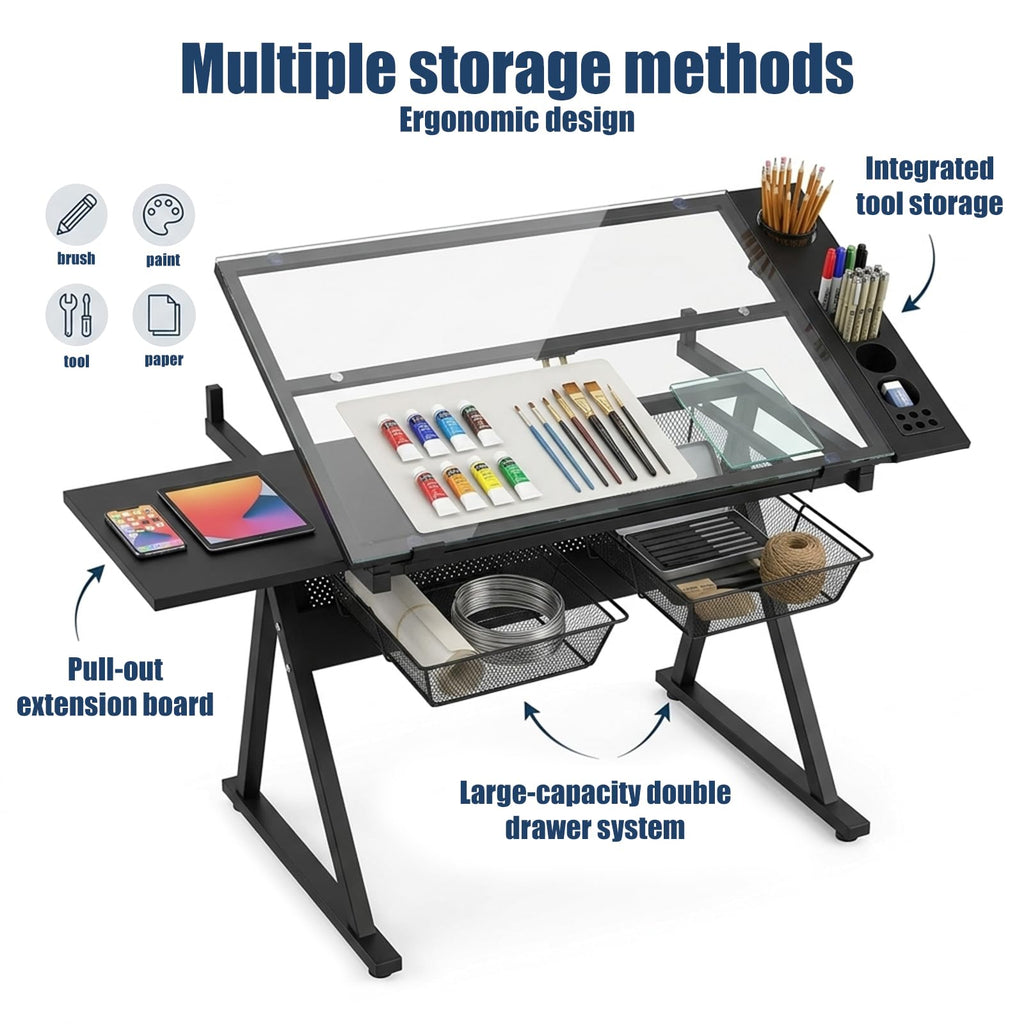 Adjustable Drafting Table, Tiltable Art Drawing Desk with 2 Storage Drawers & Stool, Multi-Functional Art Workstation for Artist Painting Craft Reading Writing (Black-B)