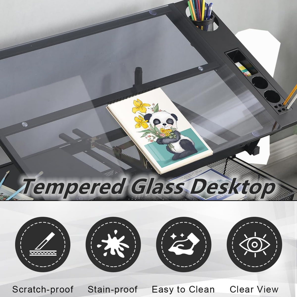 Drafting Table, Adjustable Height Drawing Table Art Table Painting Table Art Craft Desk with 0-75Â° Tilting Glass Tabletop and Storage Drawers, Black