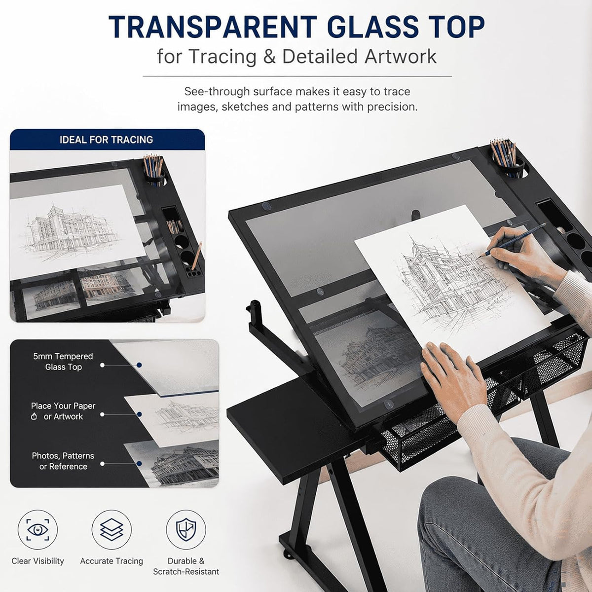 Adjustable Drafting Table with Chair, Tilting Tempered Glass Desk
