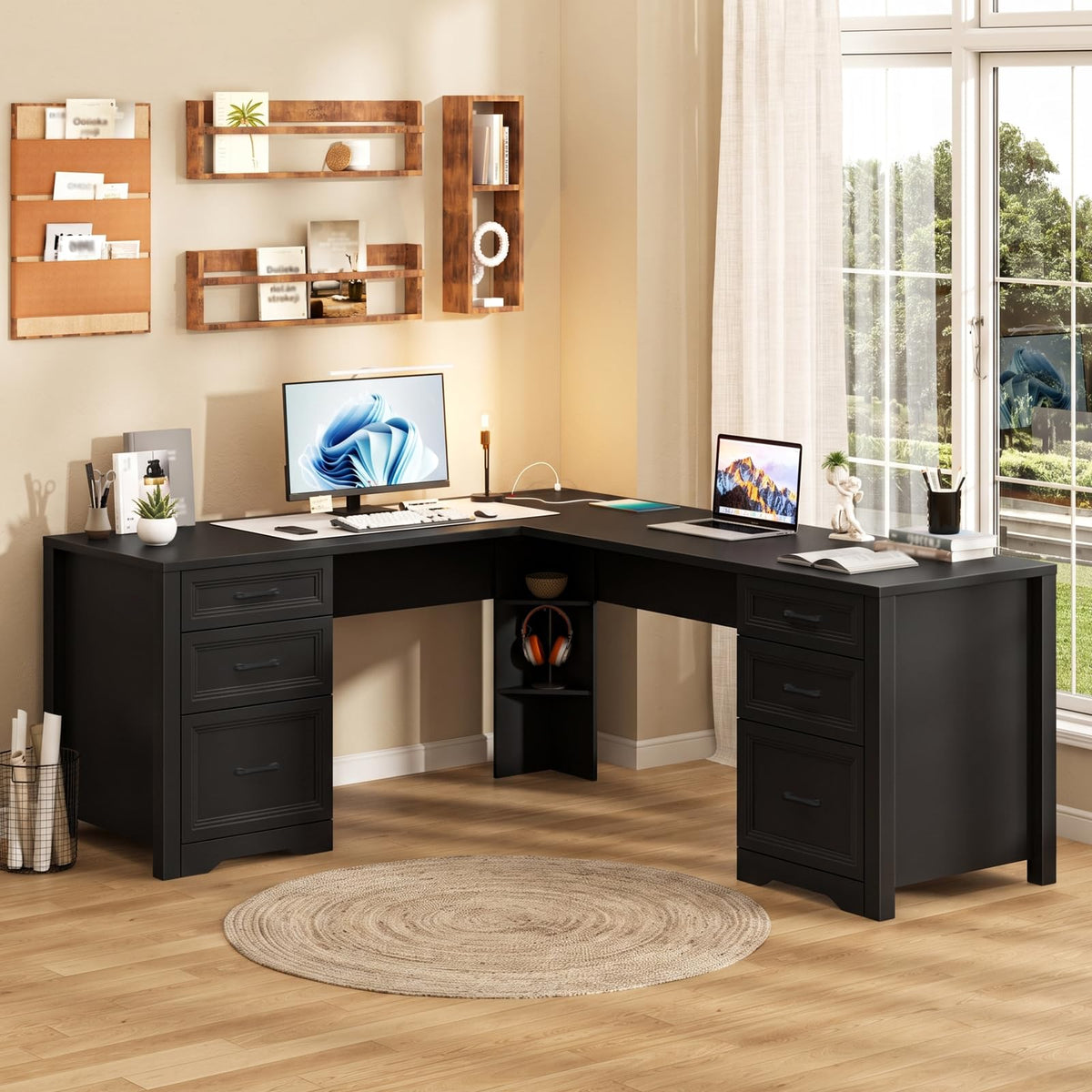Halitaa Farmhouse Home Office Desk with 6 Drawers, L Shaped Executive Desk with Power Outlets and Triangle Under-Desk Storage Shelf & Drawer File Cabinet, Corner Computer Desk, Grey