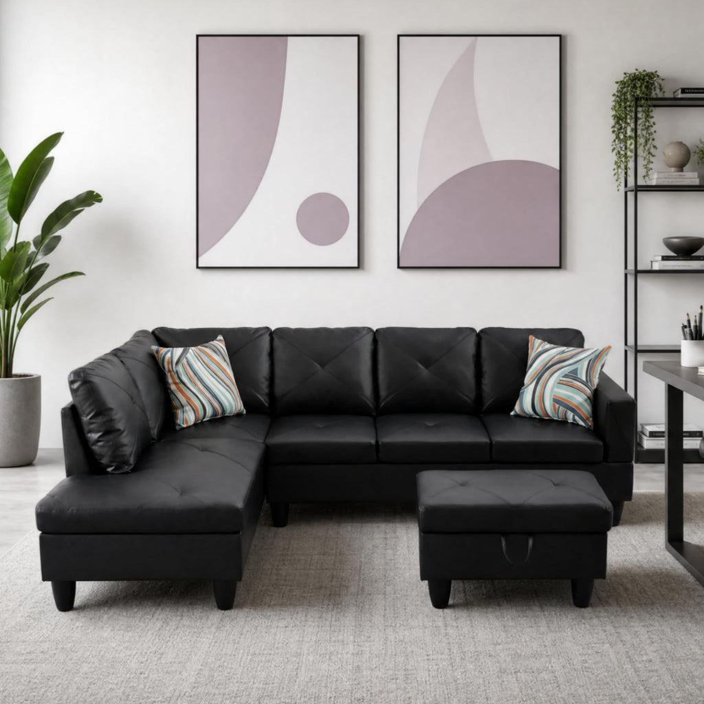 97.5" Leather L Shaped Couch with Left Chaise & Cup Holder, Sectional Sofas Modular Furniture Set with Storage Ottoman, Convertible Couches for Living Room, Office & Small Space (Black)