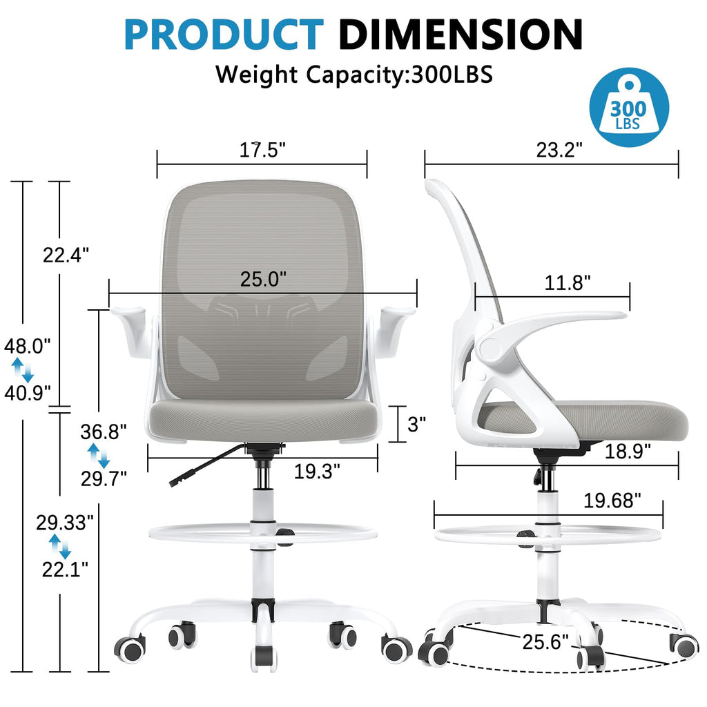 Kensaker Drafting Chair Tall Office Chair, Ergonomic Standing Desk Chair with Adjustable Foot Ring and Flip-up Armrests, Mesh Computer Chair for Art Studio, 300 LBS, Black