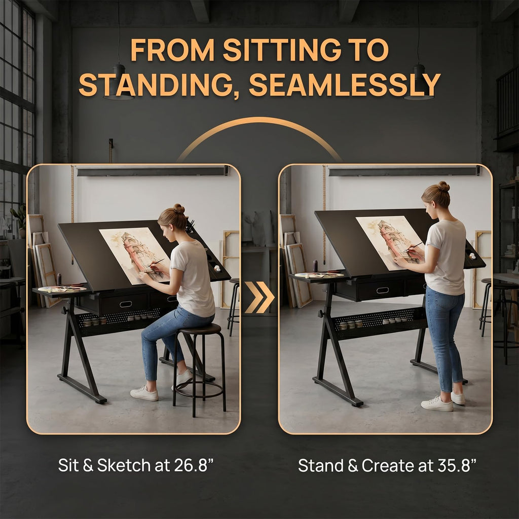 Height Adjustable Drafting Table Drawing Table Artist Desk Tilting Tabletop Art Craft Desk with 2 Storage Drawers and Stool, Art Craft Desk for Artist Painters Drawing Painting (All White)