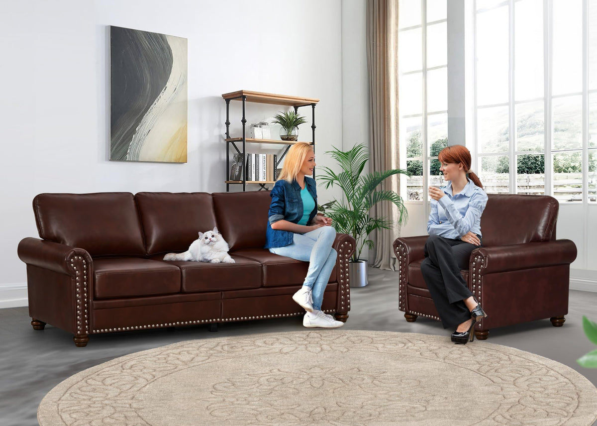 2 Piece Faux Leather Sofa Set,Modern Couch and Loveseat Sets with Storage,Mid Century Couch with Rivet Rolled Arm,Comfy Deep Seat Sofa,Furniture for Living Room,Office(Loveseat+3 Seater,Navy)