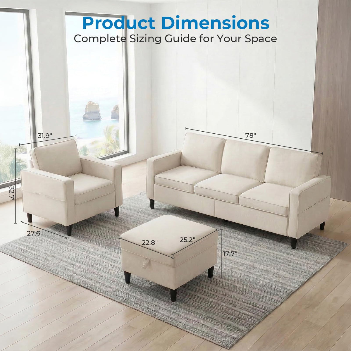 Mjkone 78"W 3 Pieces Sofa Couches Set for Living Room Sets Furniture, Sectional L Shaped 3-Seater Small Sofas Couch and Loveseat Sets with Storage Ottoman and Side Pockets for Home Office, Light Gray