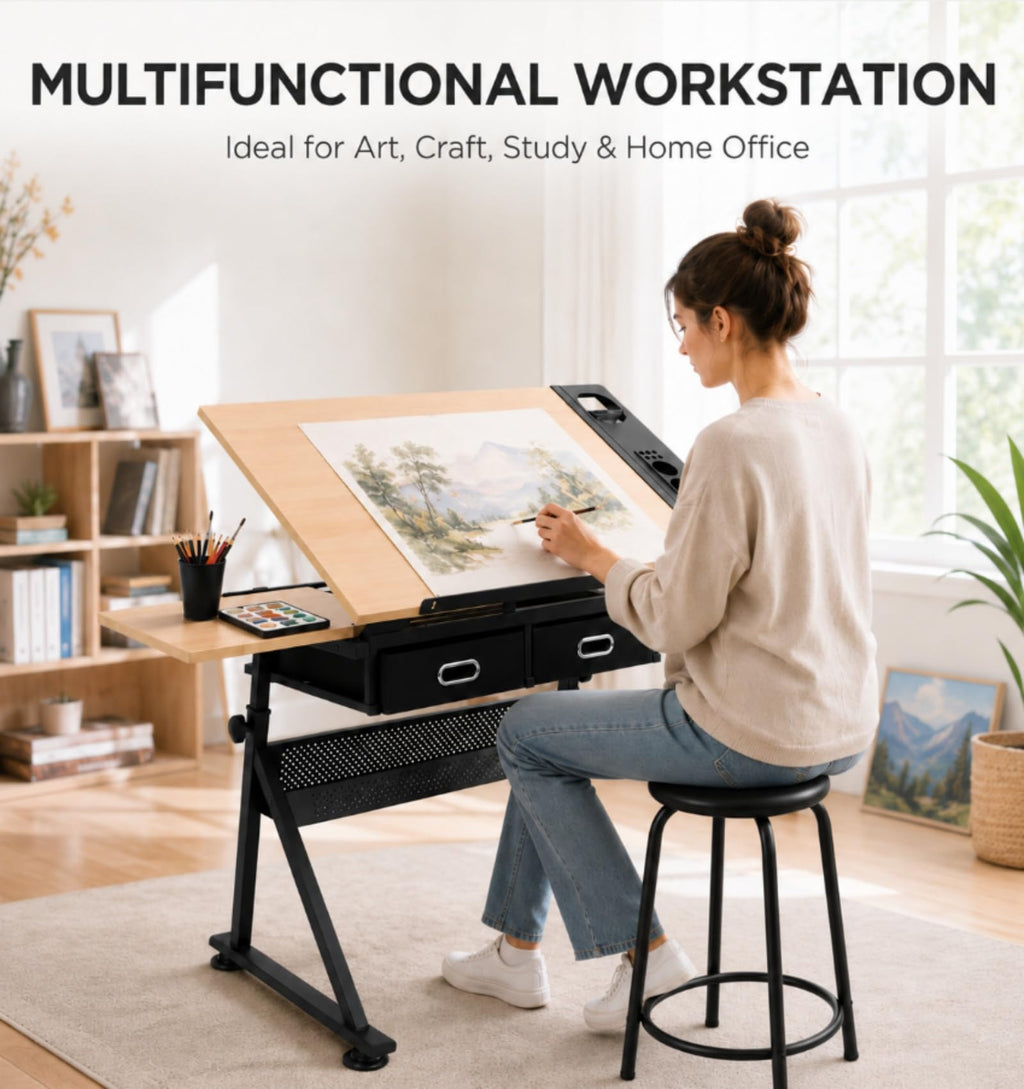 Adjustable Drafting Table, Tiltable Art Drawing Desk with 2 Storage Drawers & Stool, Multi-Functional Art Workstation for Artist Painting Craft Reading Writing (Black-B)