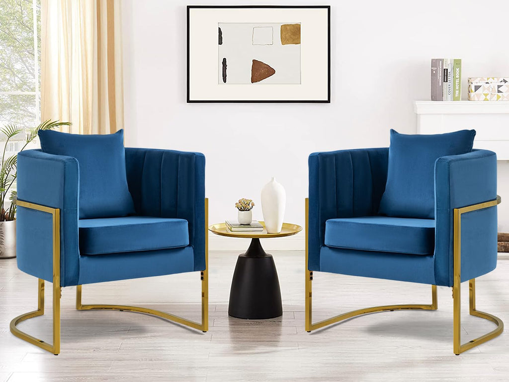 Velvet Accent Barrel Chairs Set of 2, Modern Arm Club Chair Set with Pillow for Living Room/Bedroom/Guest Reception, Channel Tufted, Gold Finish Base, Orange