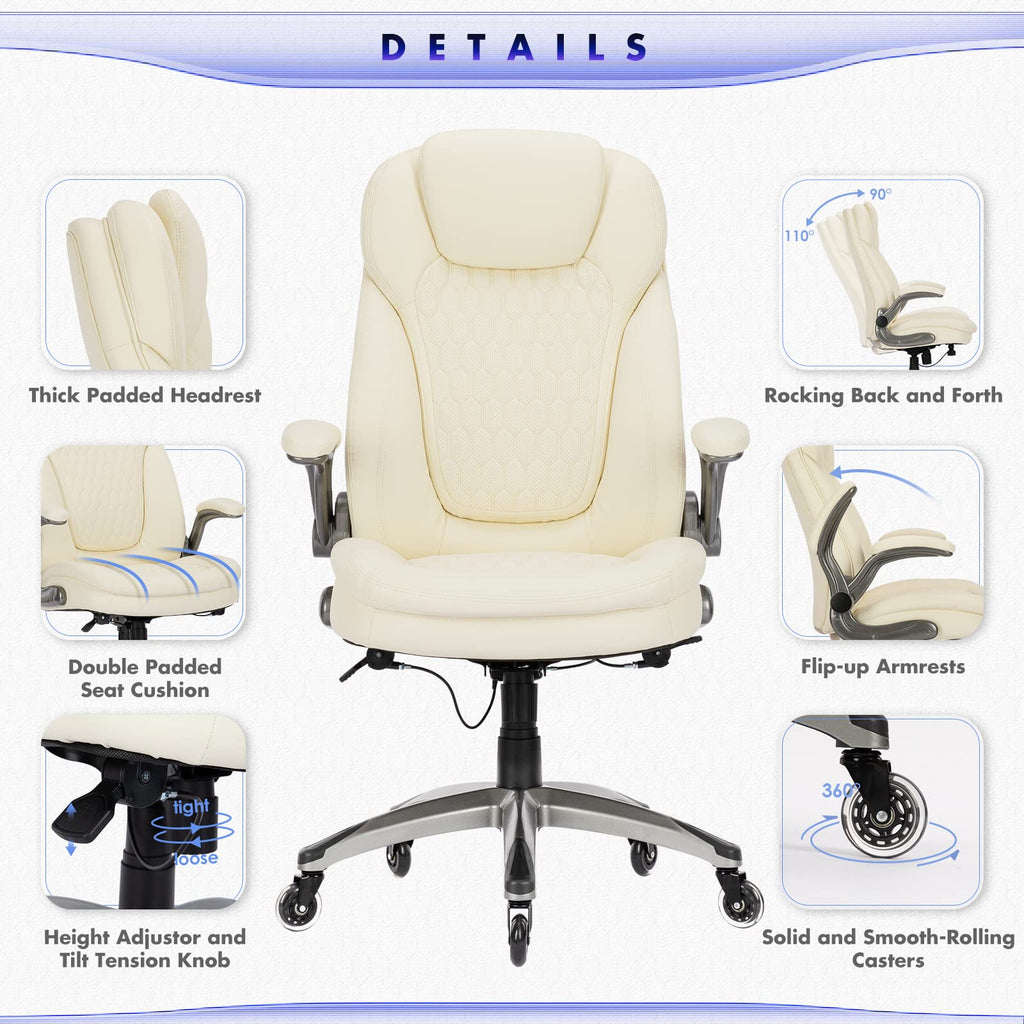 COLAMY High Back Executive Office Chairs, Ergonomic PU Leather Desk Chairs with Flip-Up Armrests, Adjustable Height, Lumbar Support, Comfortable Computer Chairs for Home Office, Set of 2