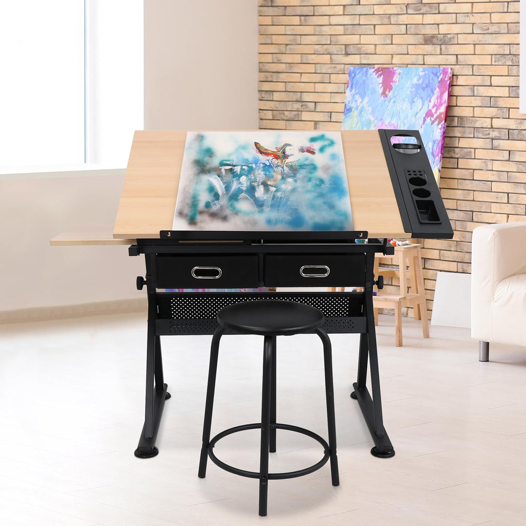 LEMY Drafting Table Art Desk, Height Adjustable Drawing Table Tilting Tabletop Work Station with Stool and Storage Drawer for Home, Office, Writing, Black