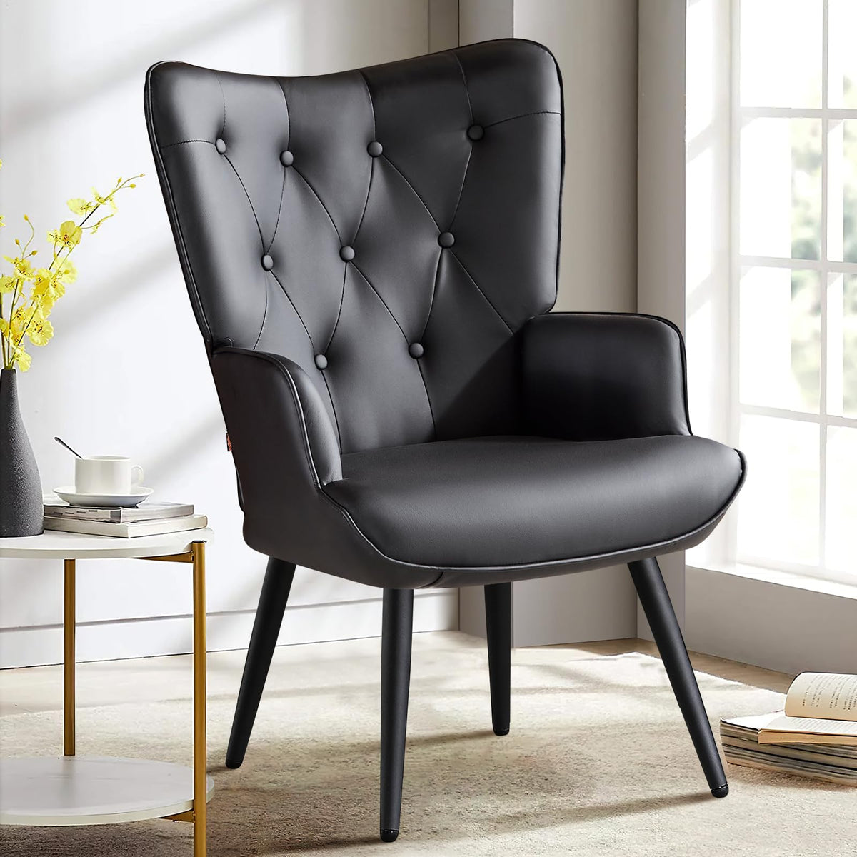 Furniliving PU Leather Accent Chair for Living Room, Upholstered Reading Chair with High Backrest, Tufted-Button Wingback Armchair for Bedroom, Dressing Room, Home Office, Brown, Set of 2