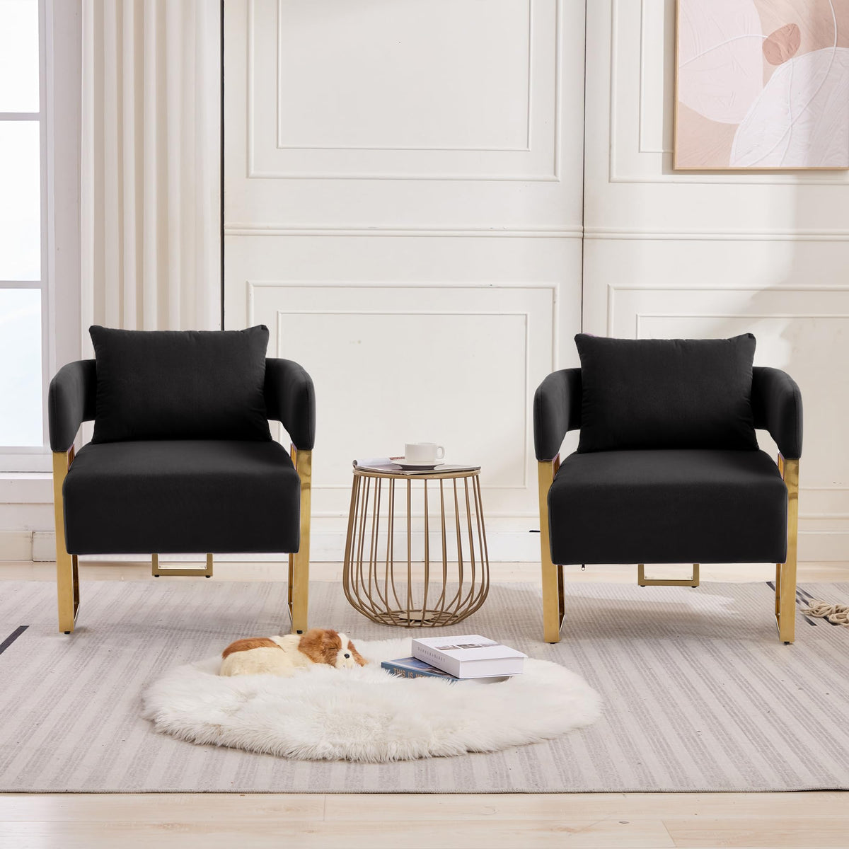 YISHENG Modern Barrel Accent Chairs Set of 2, Living Room Side Chairs with Golden Metal Legs Soft Upholstered Reading Armchairs no Wheels for Vanity/Reception Room//Bedroom/Lounge/Office,Black Teddy