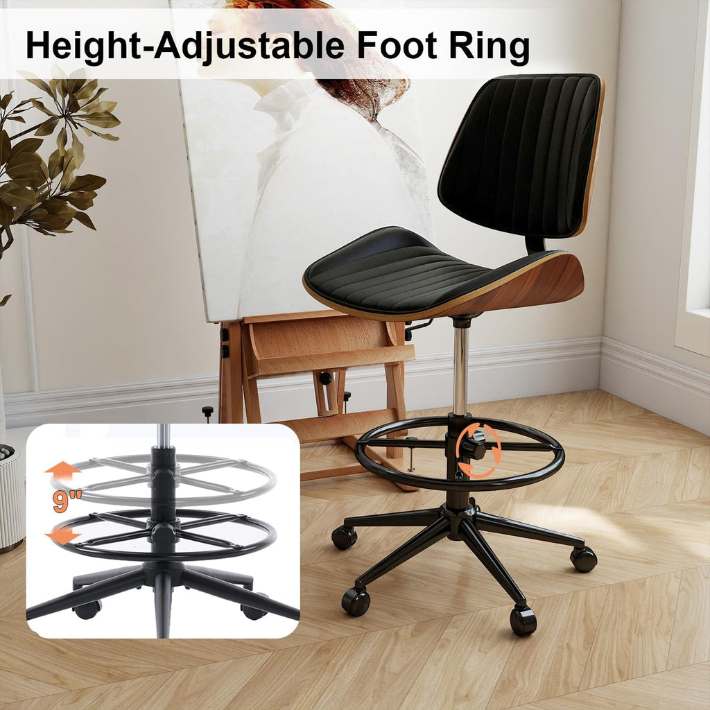 Drafting Chair, Ergonomic Office Chair with Walnut Wood Back Support, Armless PU Leather Desk Chair with Height-Adjustable, Thick Cushion for Home Office, Drafting, Art Studio (Black)