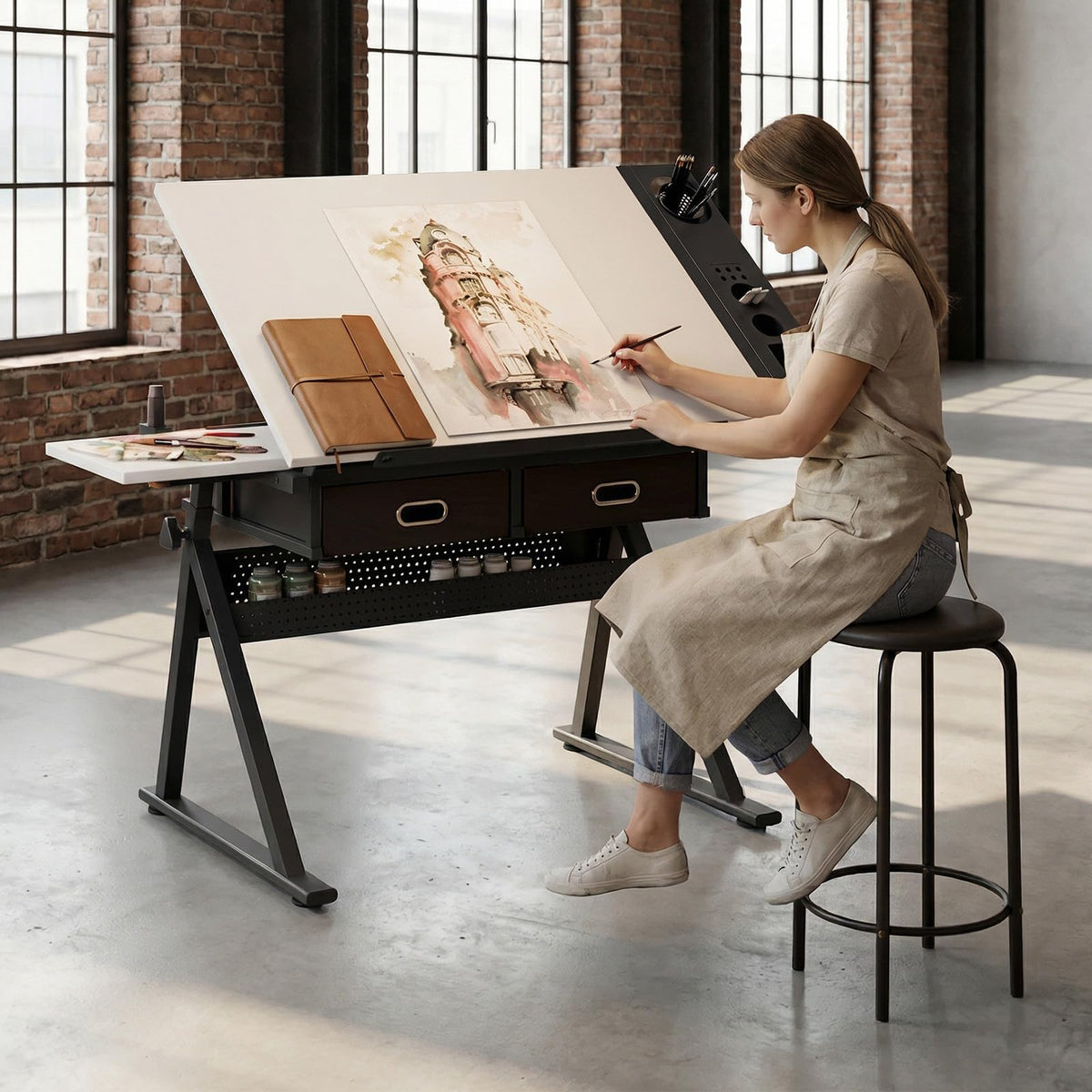 Drafting Table with Stool Height Adjustable Art Craft Desk with Storage, Tilting MDF Tabletop, Expansion Board, Drawing Table for Home Office, Artists, Painters (Rustic Brown)