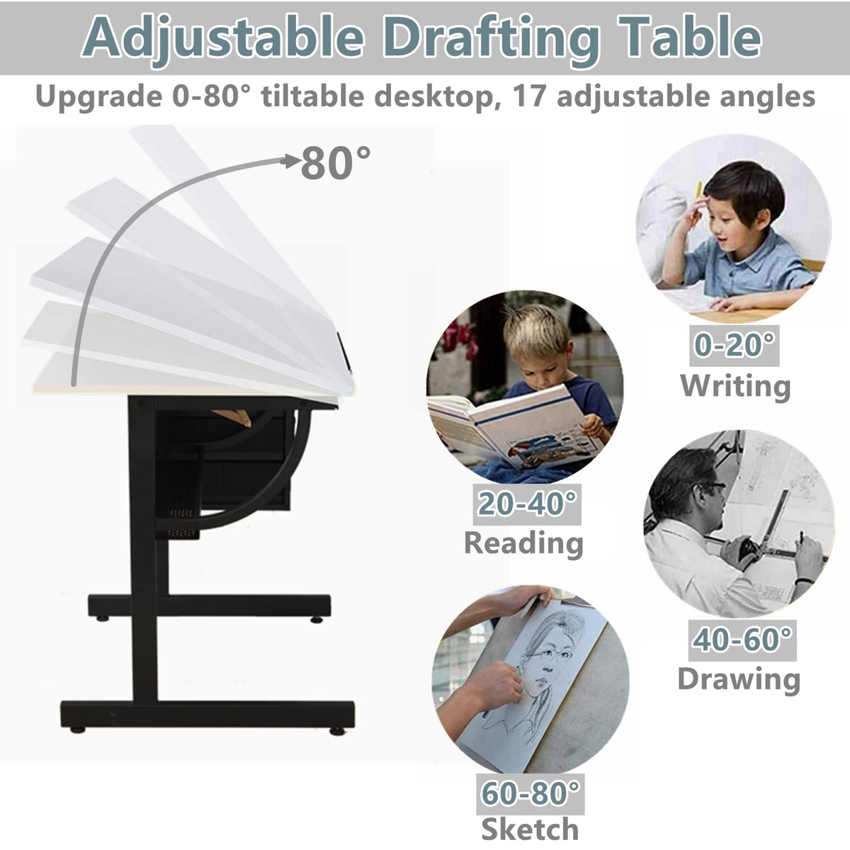 Drafting Table, Height Adjustable Art Table with Stool,T1-All White