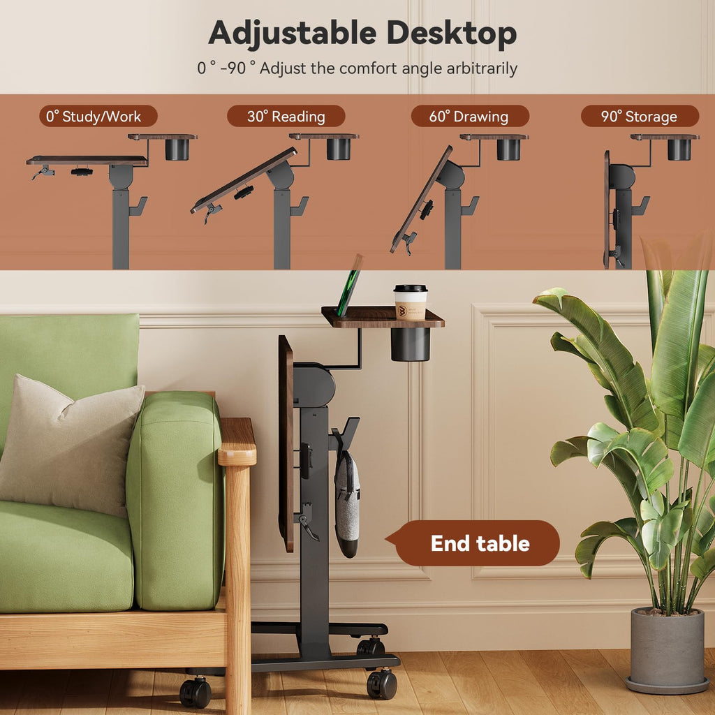 28" Mobile Standing Desk, Tiltable Top with 2-Tier Shelves, White