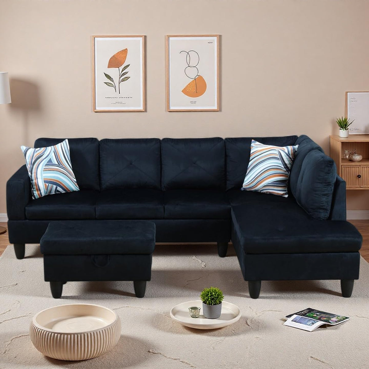 97.5" L-Shaped Modular Sectional Sofa with Movable Chaise & Storage Ottoman, 3 Piece Convertible Leather Couch, 4 Seat Gloss Black Living Room Furniture Set for Apartment Home Office