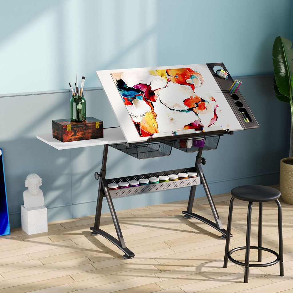 OS MOTOR Adjustable Height Drafting Table with Wood Top, Art Craft Desk with Slide-Out Drawers, Storage, for Drawing, Writing, Painting, and Creative Tasks, Ideal for Home Office, Natural