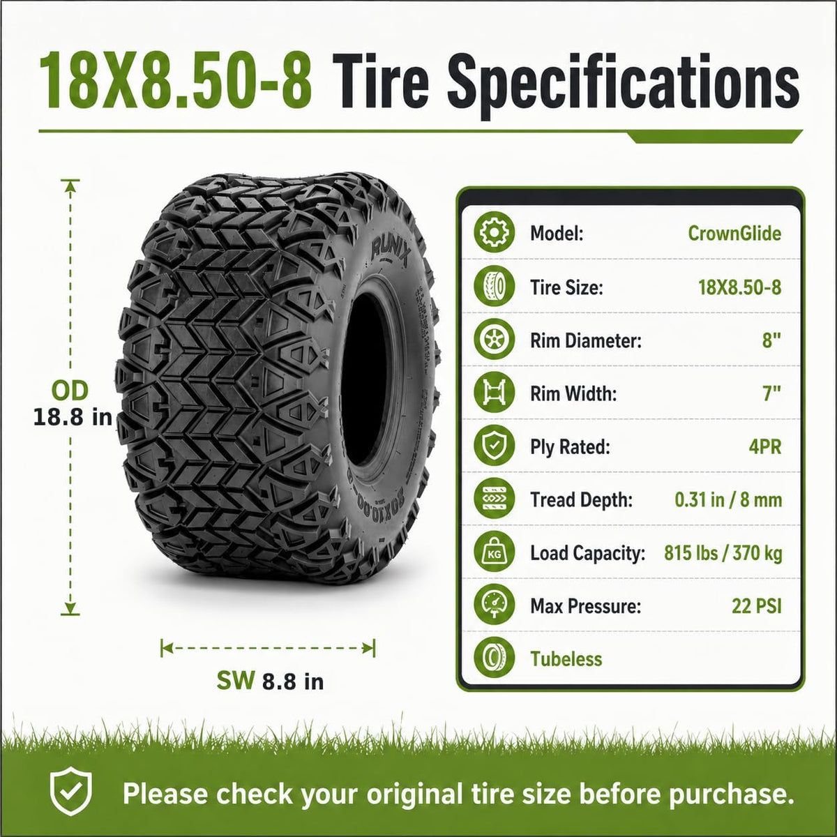 RUNIX 18X8.50-8 Tires, Premium Rubber Set of 2, Golf Cart Tires, Riding Lawn Mower Tires,Superior Traction, TURF, Tubeless, 18X8.5X8
