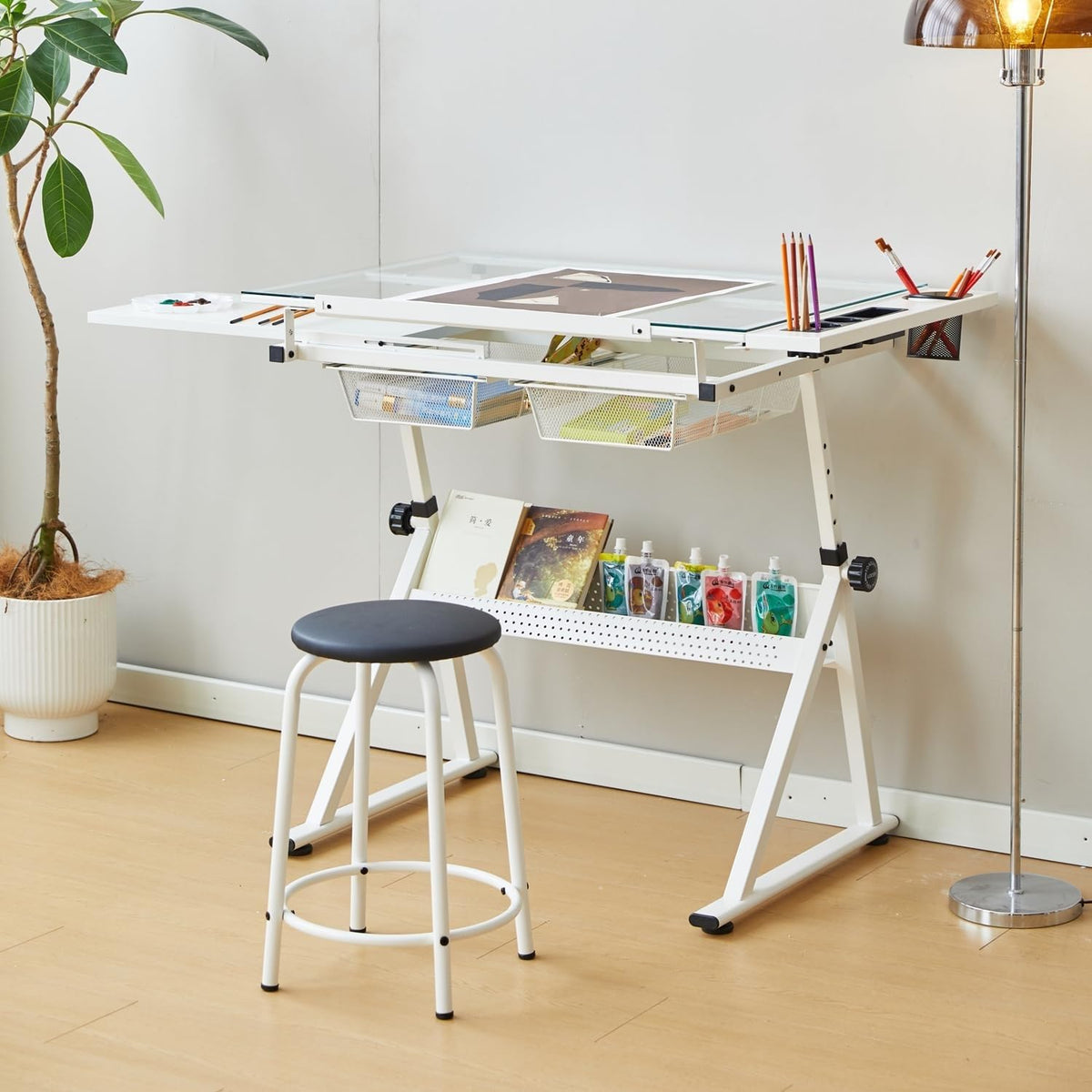 Drafting Table w/Stool, Height Adjustable Multifunctional Drawing Table