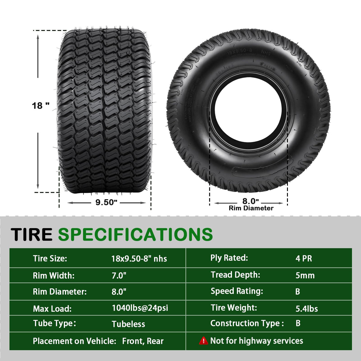 TRIPOWER 24x9.50-12 Lawn Mower Tire, 1 Pack Single Replacement Tire, 4PR Tubeless Turf Tire for Riding Mowers and Garden Tractors, Tire Only, Rim Not Included