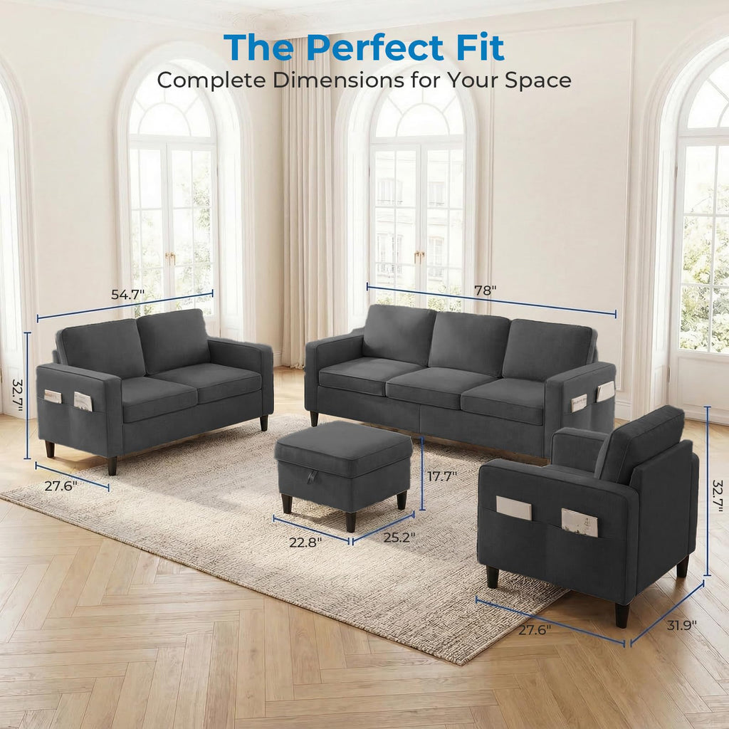 Mjkone 78"W 3 Pieces Sofa Couches Set for Living Room Sets Furniture, Sectional L Shaped 3-Seater Small Sofas Couch and Loveseat Sets with Storage Ottoman and Side Pockets for Home Office, Light Gray
