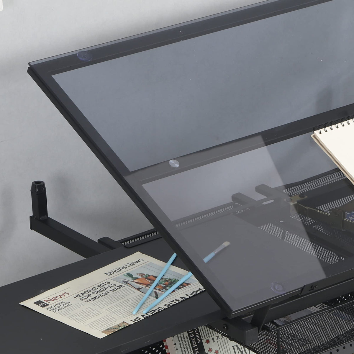 White Drafting Table with Stool, Height Adjustable Art Craft Desk with Tilting Tempered Glass Tabletop, Expansion Board, Multi-Storage, Drawing Table for Studio, Artists, Home Office, Painters, White