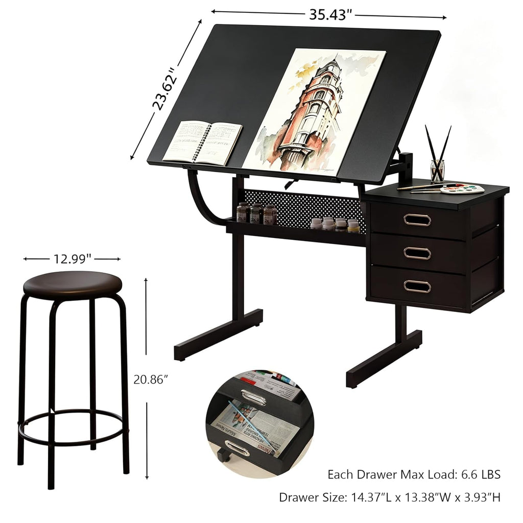 Height Adjustable Tilt Drafting Table with 2 Storage Drawers & Stool Brown