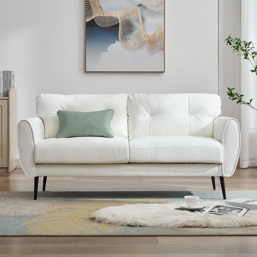 TYBOATLE 2 Piece Furniture Sets, Small Loveseat for Living Room, White Faux Leather Couch Mid Century Modern Tufted Mini Sofa Comfy Office 2 Seat Love Seat for Small Spaces Bedroom