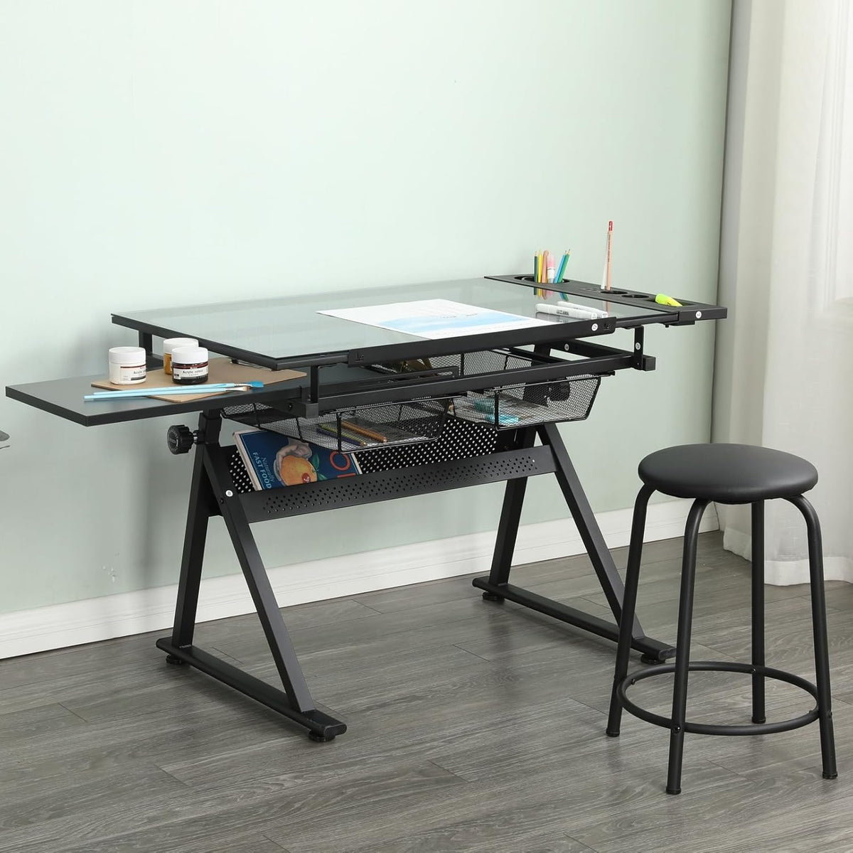 Drafting Table, Height Adjustable Art Tabe with Stool, Black