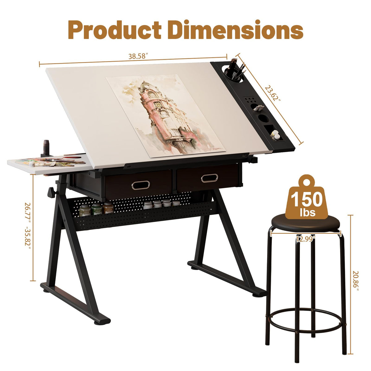 Drafting Table and Stool Set for Adults/Artists, Drawing Table with Adjustable Tabletop and Height, Art Workstation for Painters Crafting Reading Writing Home Office, All White