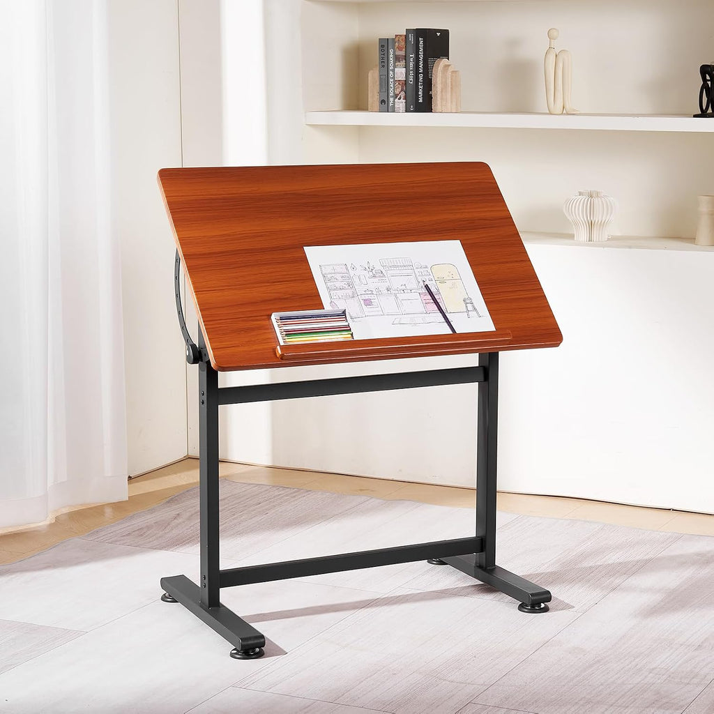VEVOR Drafting Table, Adjustable 0Â°â90Â° Tilt Drawing Desk, Portable Artist Table with Black H-Frame and Brown Desktop, Wooden Painting Desk Craft Workstation for Reading, Writing, Crafting, Meeting