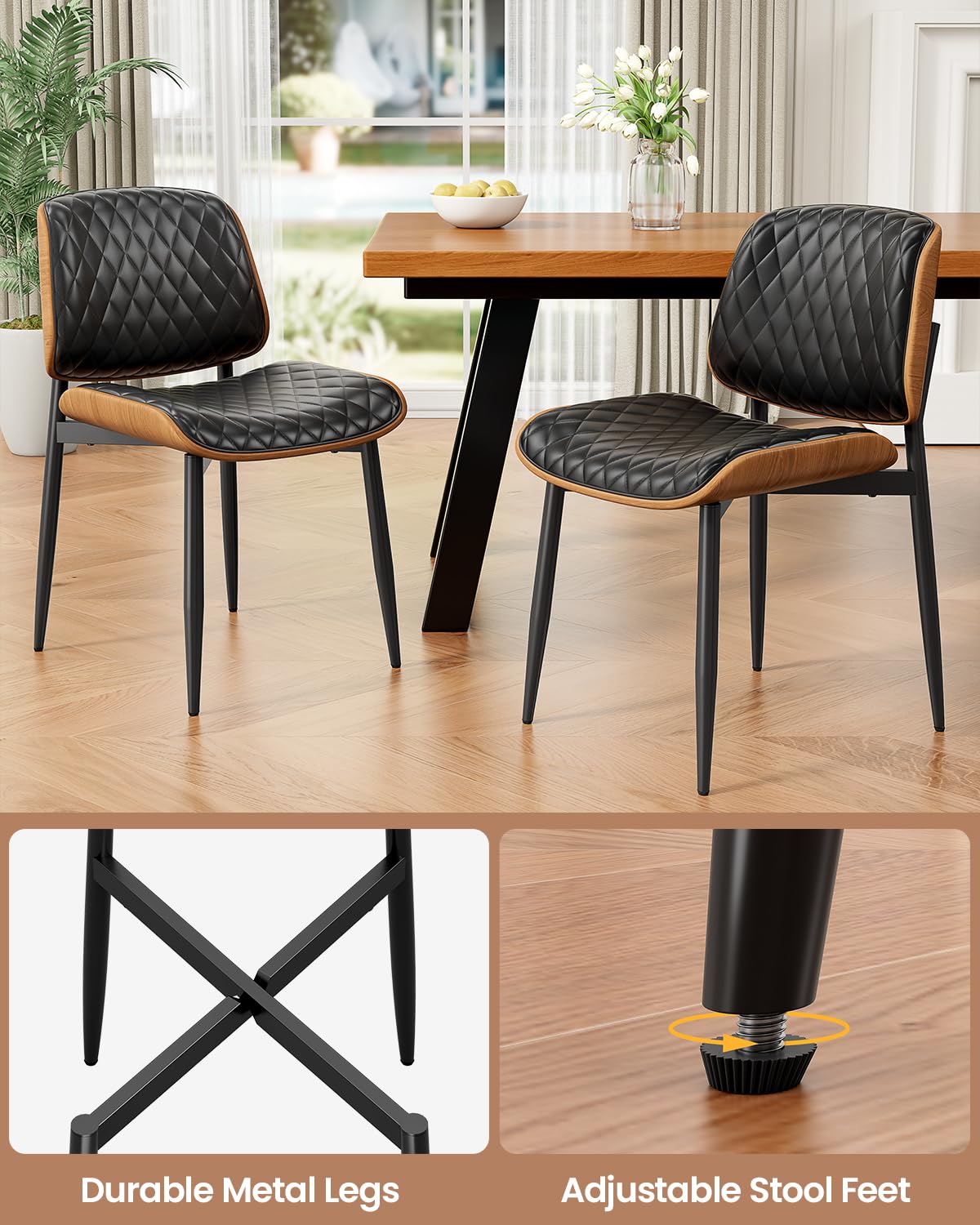 REONEY Dining Chairs Set of 4, Mid-Century Modern Kitchen Chairs, Black