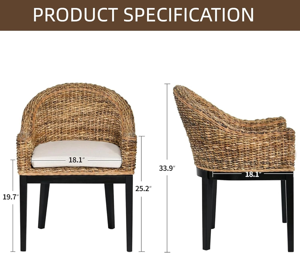 DUHOME 2 Sets Wood Rattan Arm Accent Chairs Natural Wash/White Cushion