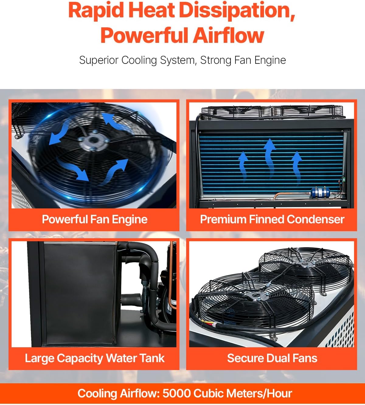 VEVOR Air Cooled Water Chiller, 5 Ton Portable, 5HP/3.75KW Compressor Motor, 53L Capacity Stainless Steel Water Tank, Finned Condenser with Micro-Computer Control, Industrial Chiller for Cooling Water