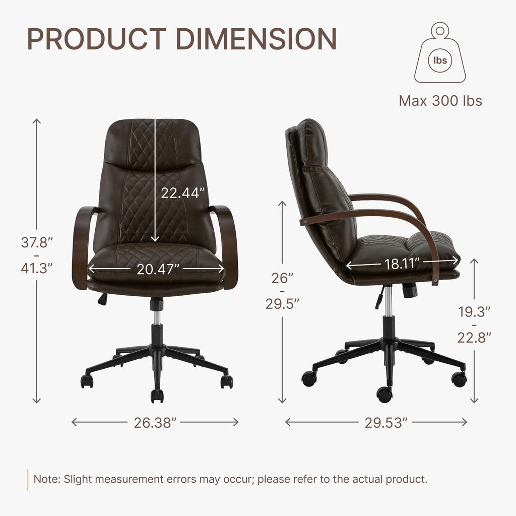KISLOT Home Office Desk Chair, Ergonomic Office Chair with Lumbar Support, Adjustable Swivel Computer Chair with Wheels, Faux Leather Executive Task Chair with Wood Arms, Set of 2, Brown