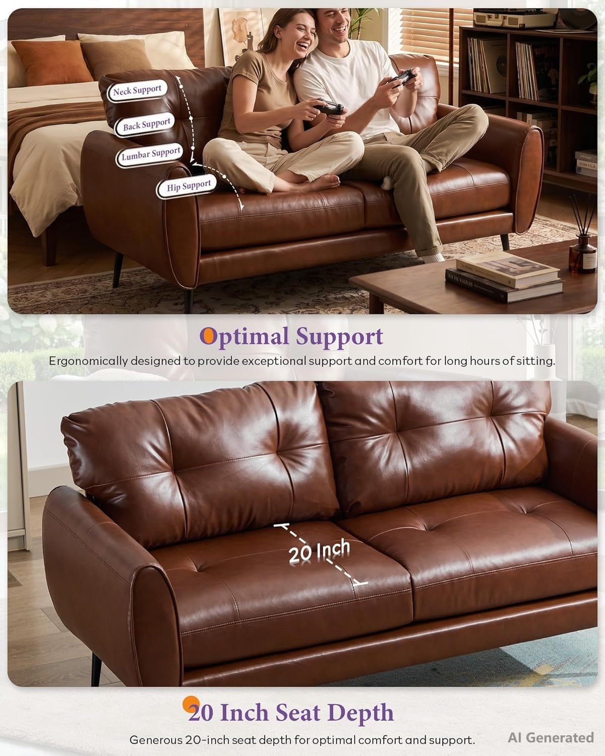 61'' Small Leather Loveseat and Chair, 3 Piece Living Room Sets, Black