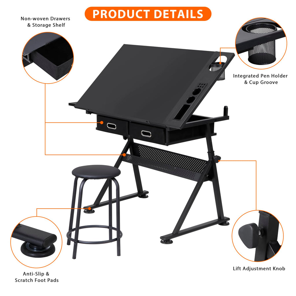 NOVA MICRODERMABRASION Adjustable Height Drafting Desk Drawing Table Tiltable Tabletop for Reading, Writing Art Craft w/Stool and Drawers