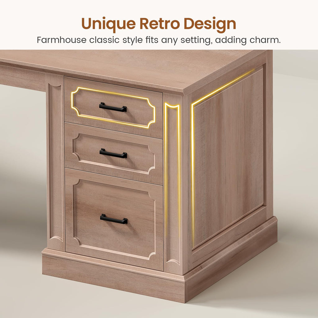 SEDETA Farmhouse 70.9" Executive Desk, Home Office Desk with File Drawers and Storage Cabinet, Computer Desk with Power Outlet for Home Office, Work Study Writing, Black+Brown